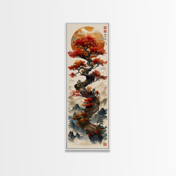 Majestic Bonsai Tree Under the Golden Sun Skinny Art Ukiyo-e Tall Framed Canvas Print with Mountain Landscape