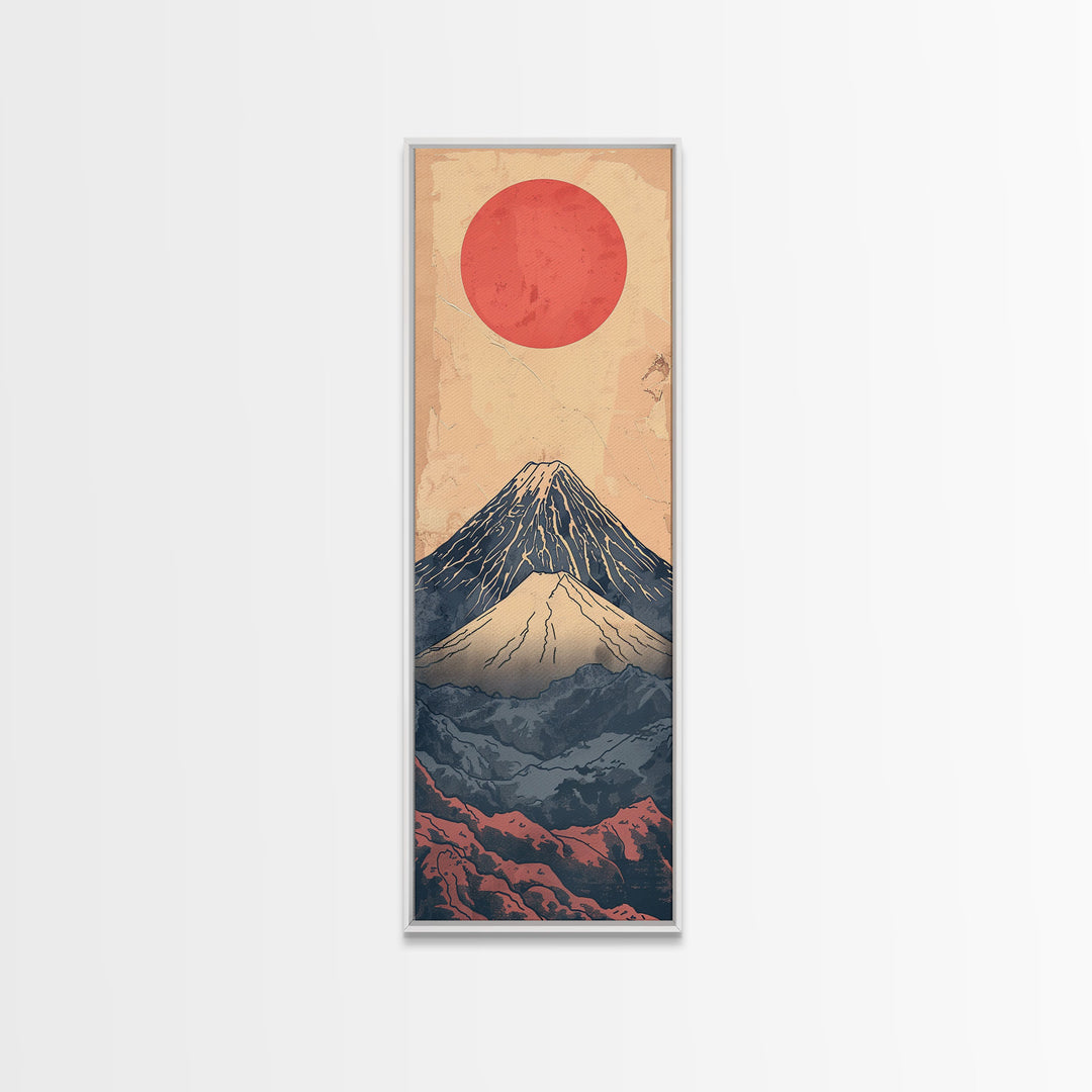 Mount Fuji Under a Red Sun Skinny Art Ukiyo-e Tall Framed Canvas Print Inspired by Japanese Landscape