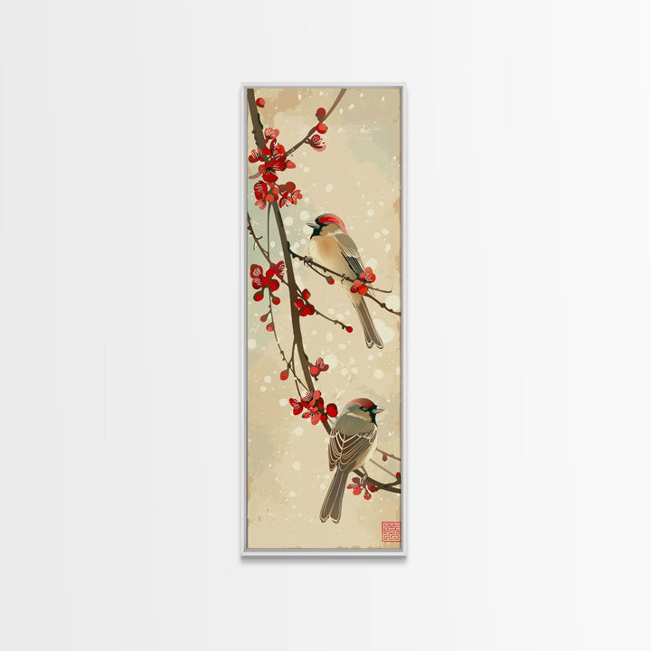Skinny Art Sparrows And Cherry Blossoms In Japanese Style Wood Block Print Gentle Color Palette On Framed Canvas Print, Tall Art Ukiyo-e