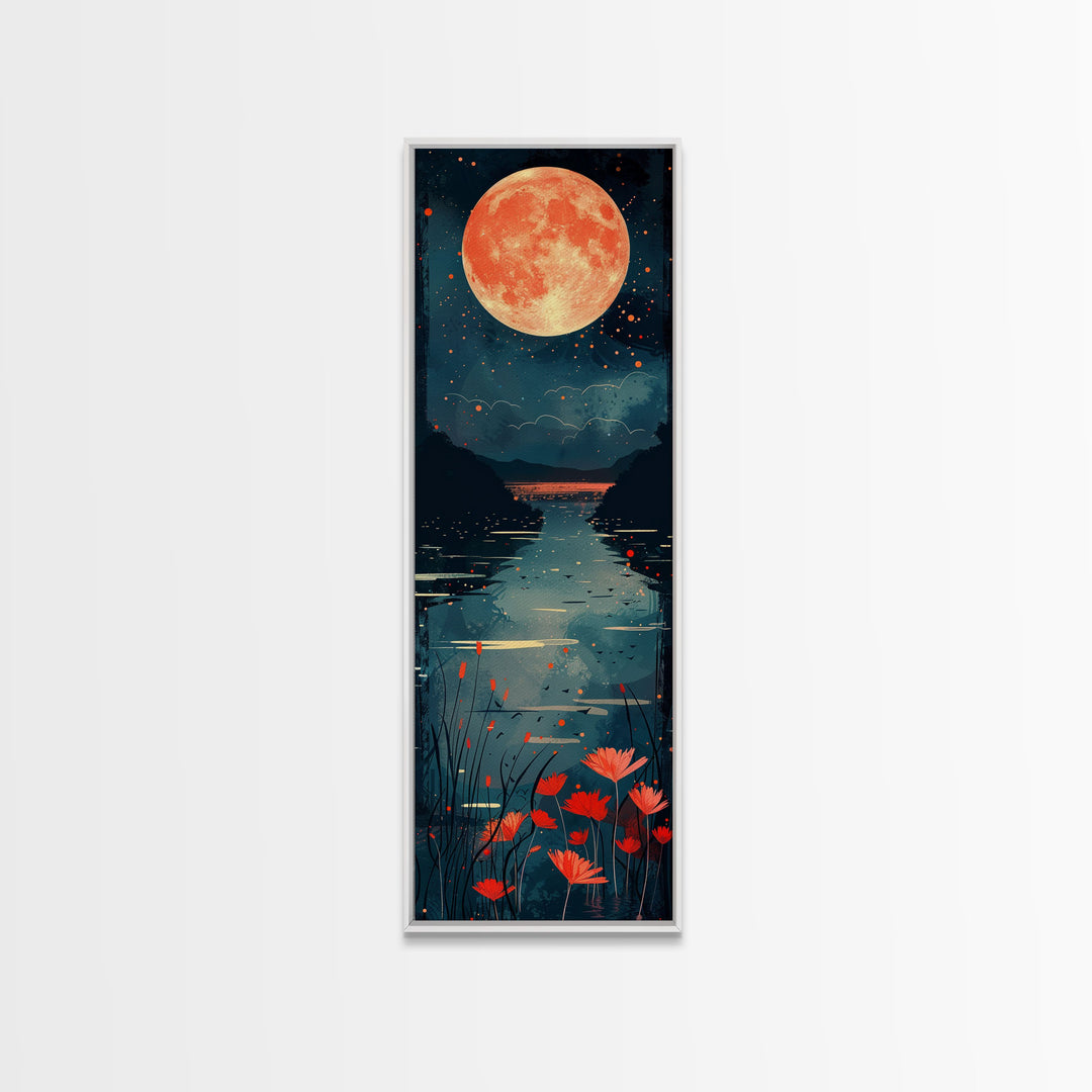 Skinny Art Full Moon Over Lake In Japanese Style Wood Block Print Vibrant Night Scene On Framed Canvas Print, Tall Art Ukiyo-e