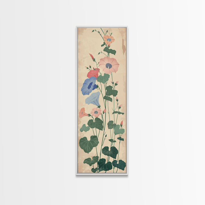 Skinny Art Tall Art Framed Canvas Print Stylized Morning Glory Blossoms In Subtle Pastel Hues Ukiyo-e Japanese Style Art Wood Block Print