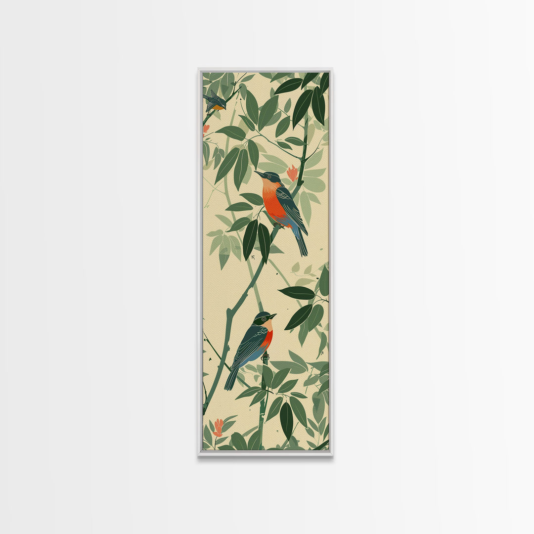 Skinny Art Tall Art Framed Canvas Print Birds Amongst Dense Greenery And Red Flowers Ukiyo-e Japanese Style Art Wood Block Print