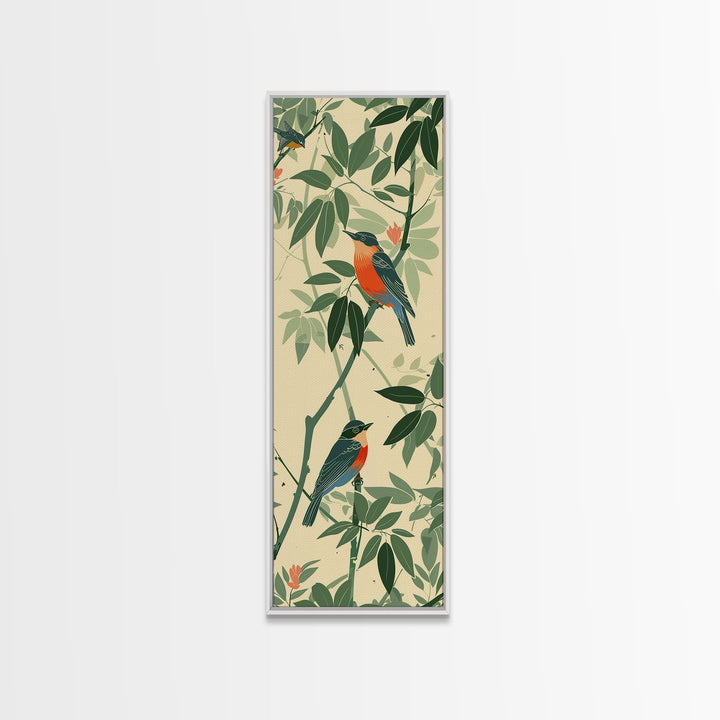 Skinny Art Tall Art Framed Canvas Print Birds Amongst Dense Greenery And Red Flowers Ukiyo-e Japanese Style Art Wood Block Print