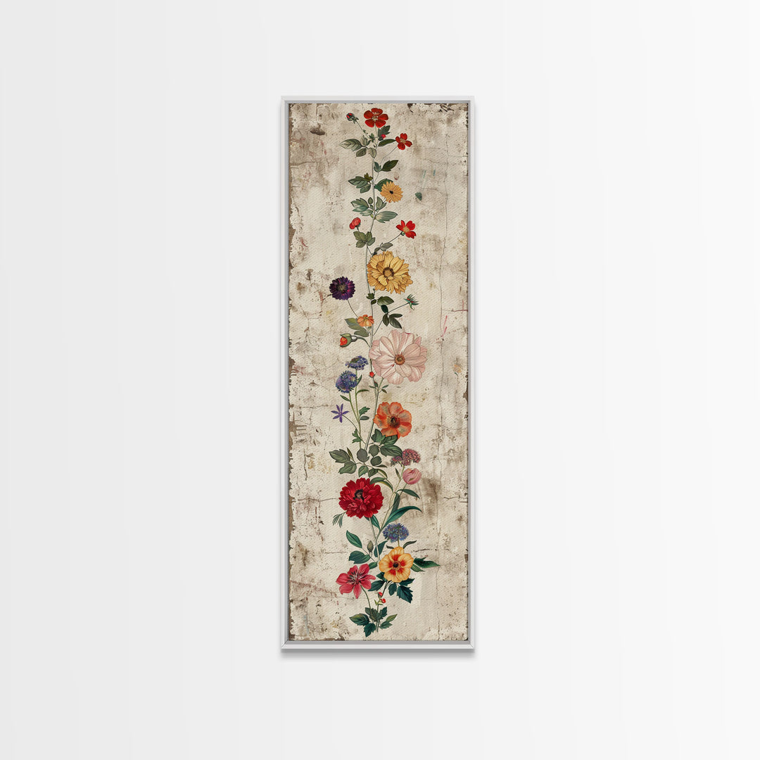 Skinny Art Tall Art Framed Canvas Print Vintage Style Floral Art With Mixed Blossoms On A Rustic Background Ukiyo-e Japanese Style Art