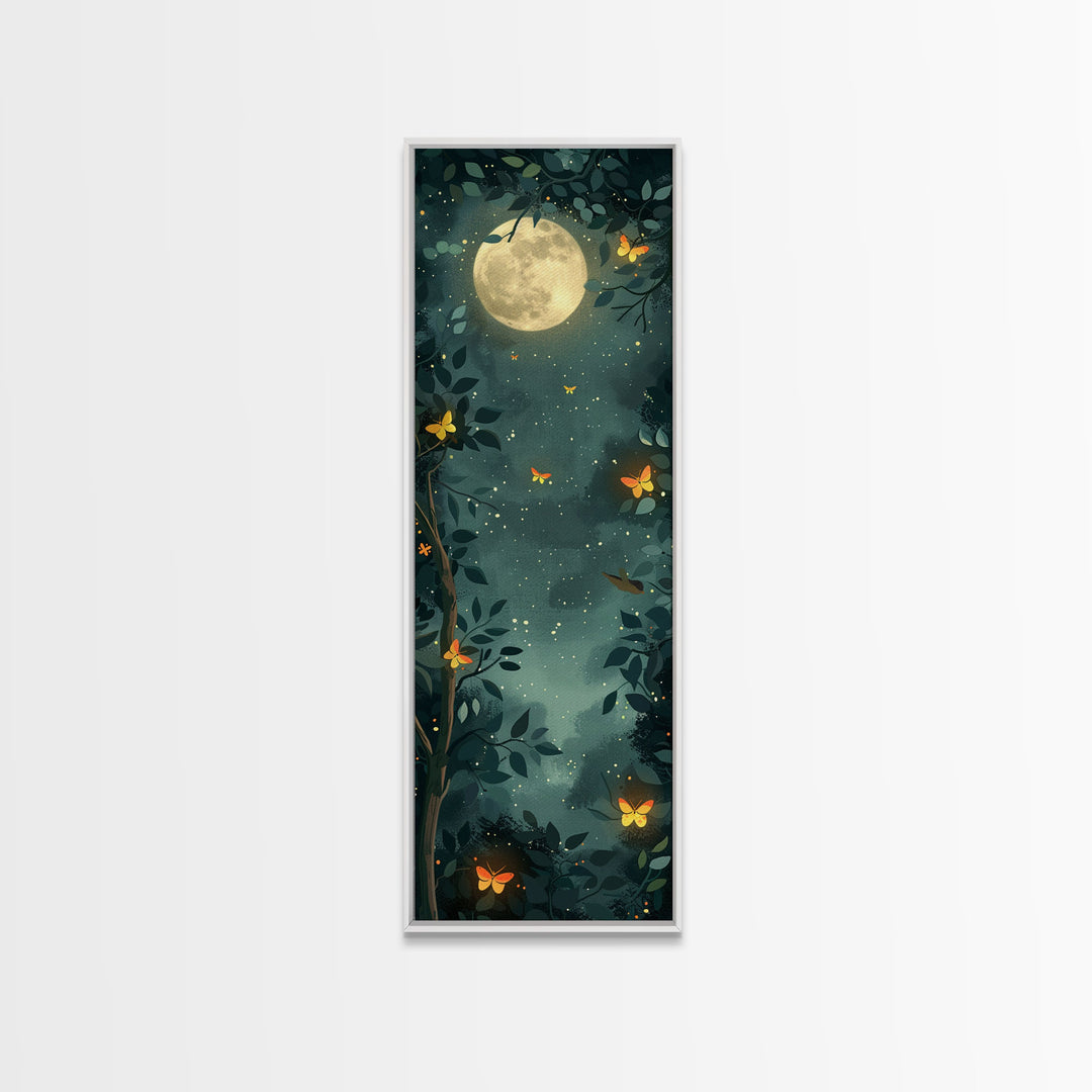Full Moon And Butterflies In A Night Forest Japanese Style Framed Canvas Print, Wall Art Ready To Hang For Your Home