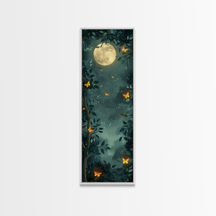 Full Moon And Butterflies In A Night Forest Japanese Style Framed Canvas Print, Wall Art Ready To Hang For Your Home