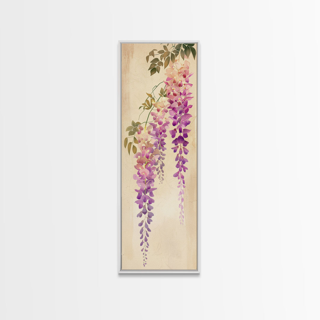 Hanging Wisteria Flowers In Purple Tones Japanese Style Framed Canvas Print, Wall Art Ready To Hang For Living Spaces