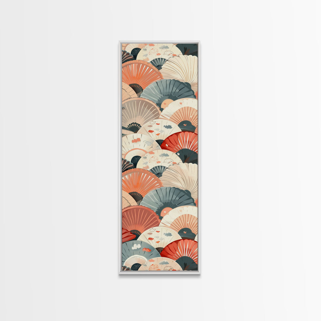 Pattern Of Overlapping Japanese Fans On Beige Background Tall Art Skinny Art Framed Canvas Print Japanese Style Art Ukiyo-e Wood Block Print