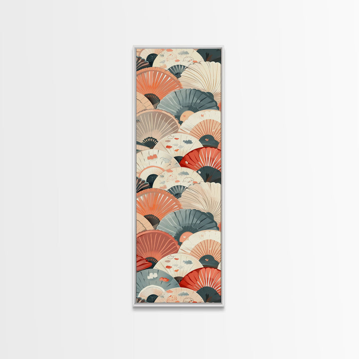 Pattern Of Overlapping Japanese Fans On Beige Background Tall Art Skinny Art Framed Canvas Print Japanese Style Art Ukiyo-e Wood Block Print