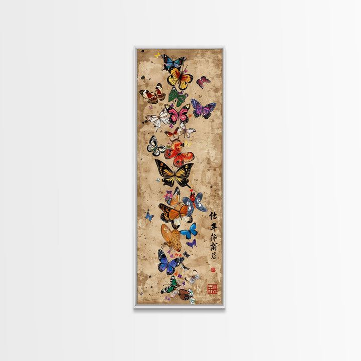 Butterflies In Spiral Formation On Light Brown Canvas Tall Art Skinny Art Framed Canvas Print Japanese Style Art Ukiyo-e Wood Block Print