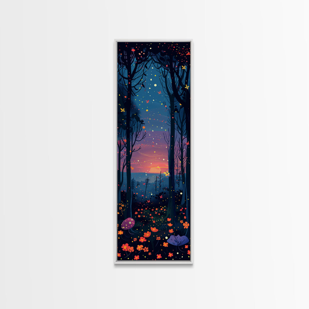 Majestic Nightfall Amidst Illuminated Trees Skinny Art Tall Art Framed Canvas Print Japanese Style Art Ukiyo-e Art Wood Block Print Tranquil Decorative