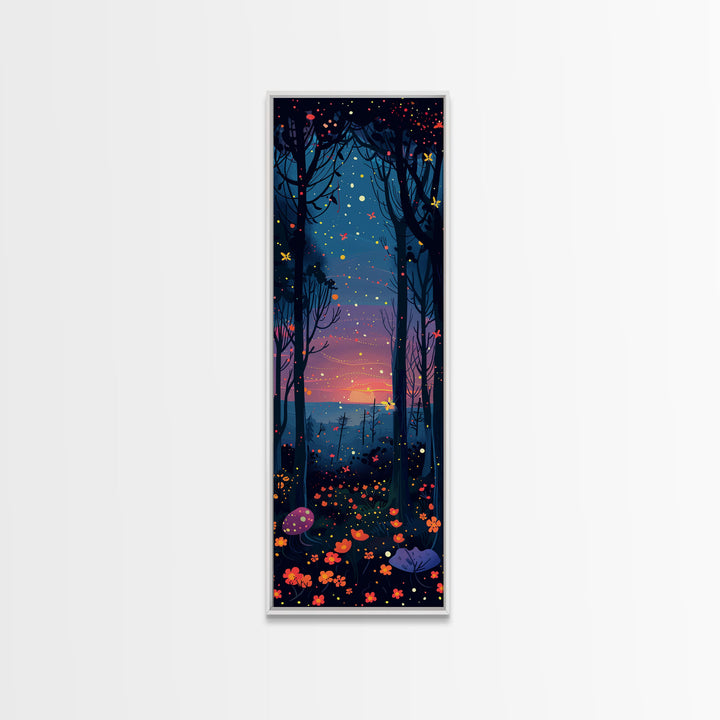 Majestic Nightfall Amidst Illuminated Trees Skinny Art Tall Art Framed Canvas Print Japanese Style Art Ukiyo-e Art Wood Block Print Tranquil Decorative