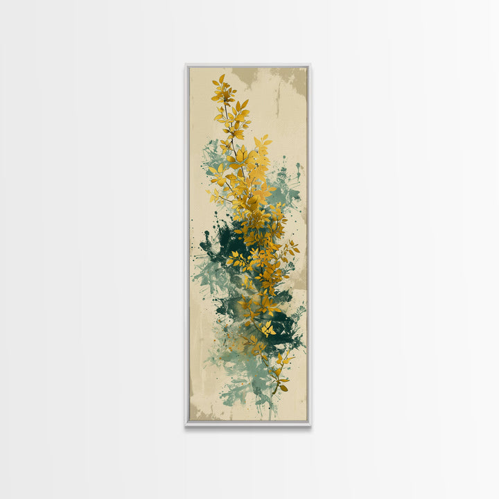Golden Foliage Set Against Green Textured Background Skinny Art Tall Art Framed Canvas Print Japanese Style Art Ukiyo-e Art Wood Block Print Natural Elegant