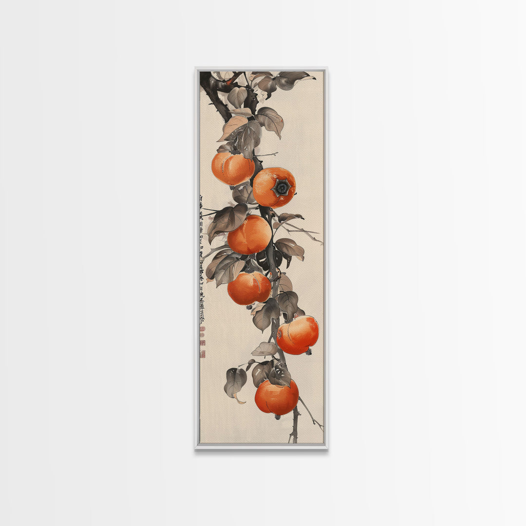 Bountiful Persimmons On Tree Branch Skinny Art Tall Art Framed Canvas Print Japanese Style Art Ukiyo-e Art Wood Block Print Seasonal Natural