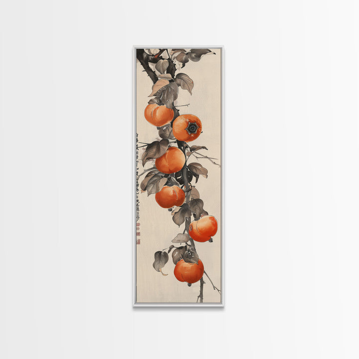Bountiful Persimmons On Tree Branch Skinny Art Tall Art Framed Canvas Print Japanese Style Art Ukiyo-e Art Wood Block Print Seasonal Natural