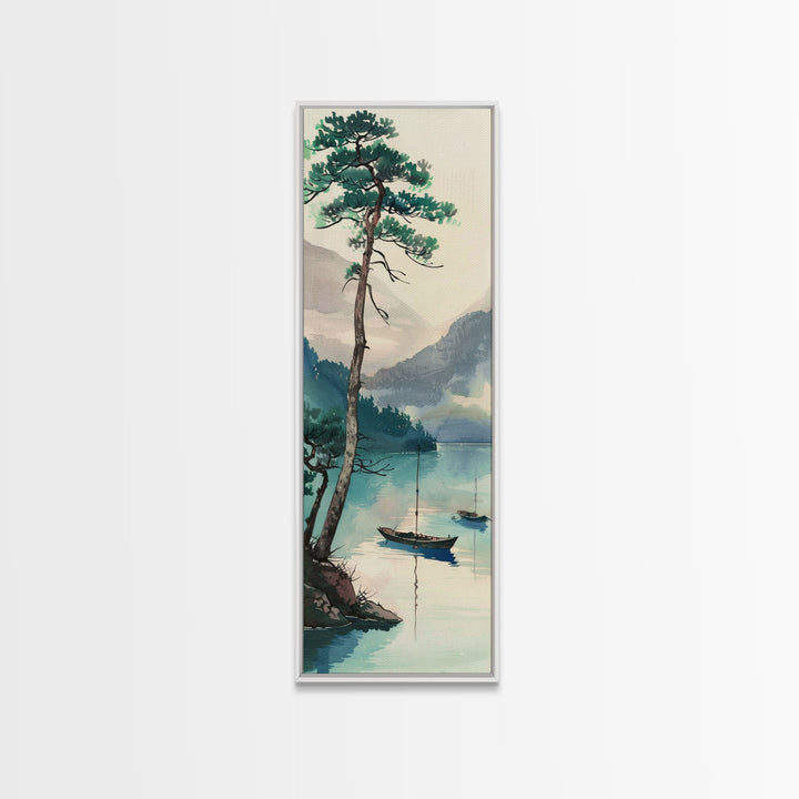 Framed Canvas Print Serene Lake Scene With Tall Pine Tree And Sailboats, Vintage Asian Landscape Art For Home Decor, Wall Decoration