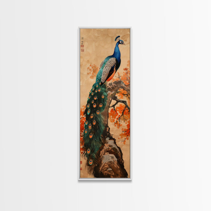 Majestic Peacock Perched On A Branch With Autumn Leaves, Skinny Art Tall Wall Art Framed Canvas Print Japanese Style Art