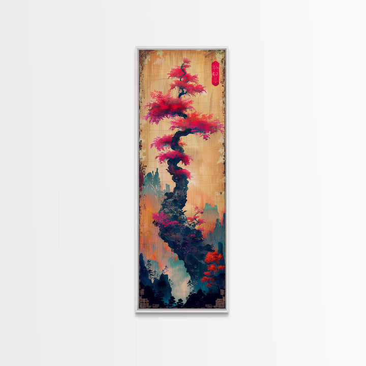Bonsai Tree With Red Leaves On Gradient Background Wood Block Print Ukiyo-e Wall Art Tall Art Skinny Art Japanese Style