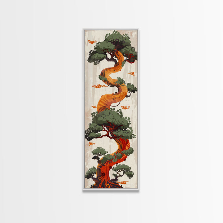 Curved Tree With Green Foliage Ukiyo-e Art Japanese Style Framed Canvas Print Wood Block Print Skinny Art Tall Art