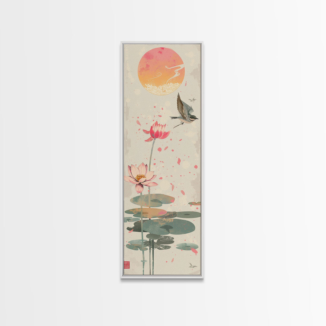 Autumn Maple Leaves Falling Tall Skinny Japanese Wall Art - Framed Canvas Print in Ukiyo-e Style