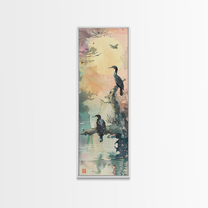 Orange Marigold Blossoms in Japanese Style Tall Skinny Framed Canvas Print - Ukiyo-e Wall Art