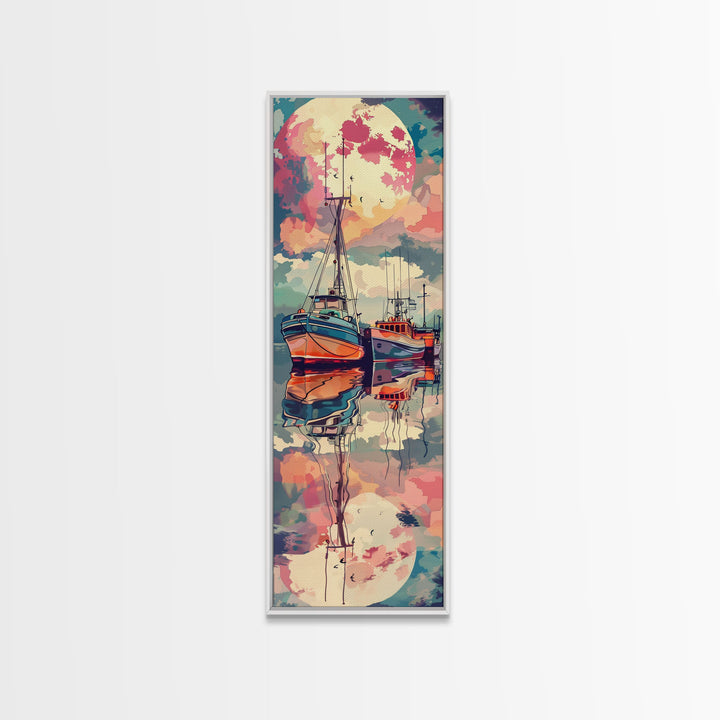 Canvas Print Colorful Fishing Boats Under Full Moon, Vibrant Coastal Scene For Nautical-Themed Home Decor, Wall Decoration