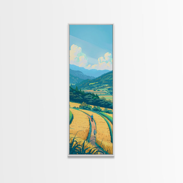 Scenic Countryside Pathway with Fields and Mountains, Skinny Framed Canvas Print for Wall Decor