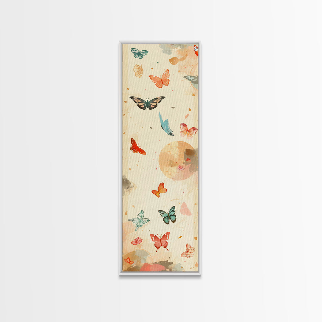 Colorful Butterflies Floating Across Light Background, Tall Framed Canvas Print for Wall Decor