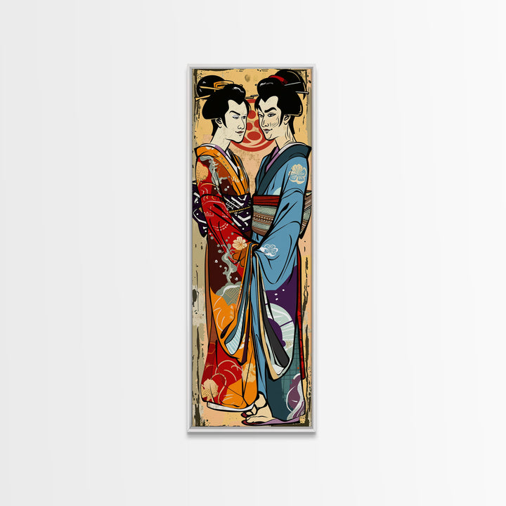 Japanese Couple in Traditional Kimono, Tall Skinny Framed Canvas Print for Wall Art