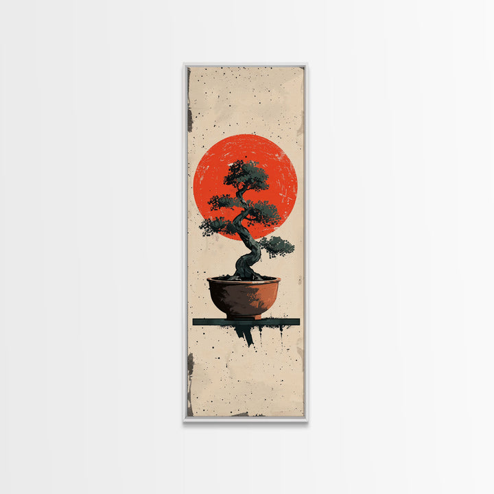 Canvas Print Bonsai Tree Silhouette Against Red Sun, Minimalistic Japanese Style Art For Modern Home, Wall Decoration