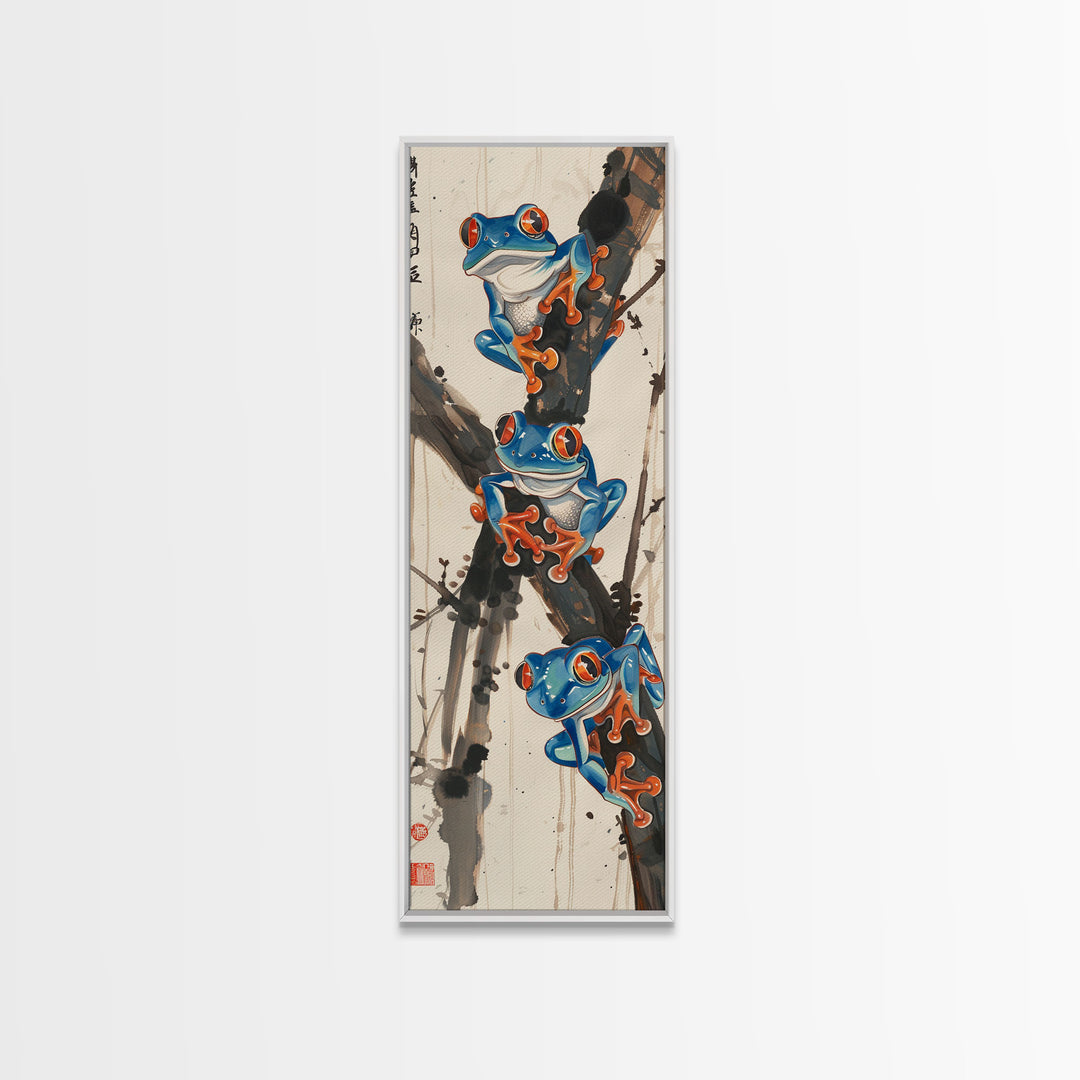 Three Blue Tree Frogs Branches Japanese Tall Wall Art Skinny Framed Canvas Print Ukiyo-e Style