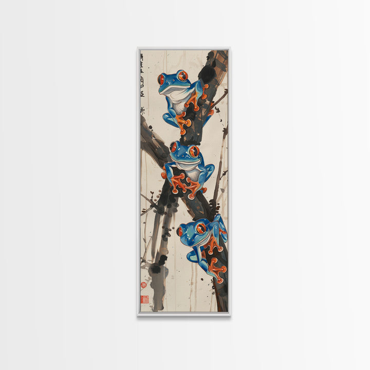 Three Blue Tree Frogs Branches Japanese Tall Wall Art Skinny Framed Canvas Print Ukiyo-e Style