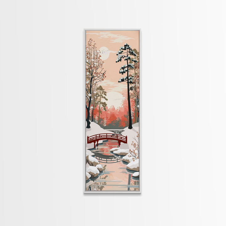 Serene Japanese Winter Landscape Highlighting A Red Bridge Snow-Covered Pines Under A Peaceful Sky Tall Framed Canvas Print Nature Scene