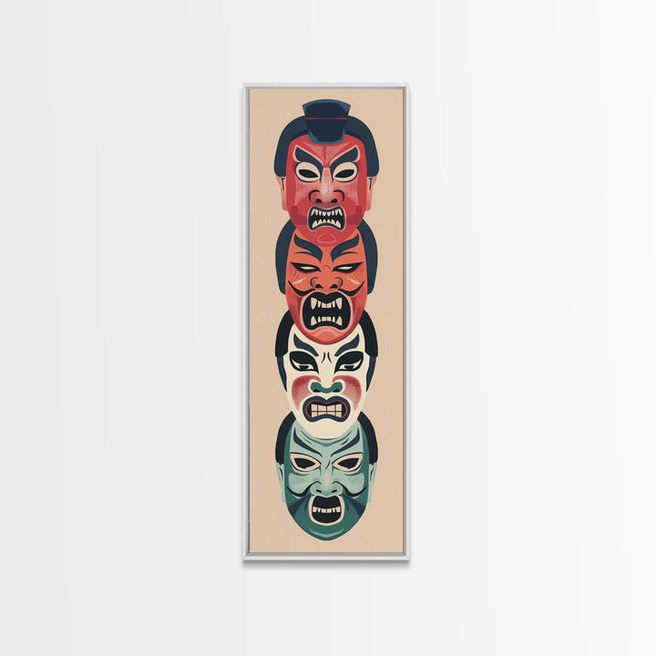 Bold Striking Japanese Kabuki Masks Vibrant Colors Depicted Traditional Style Tall Framed Canvas Print Cultural Home Decor