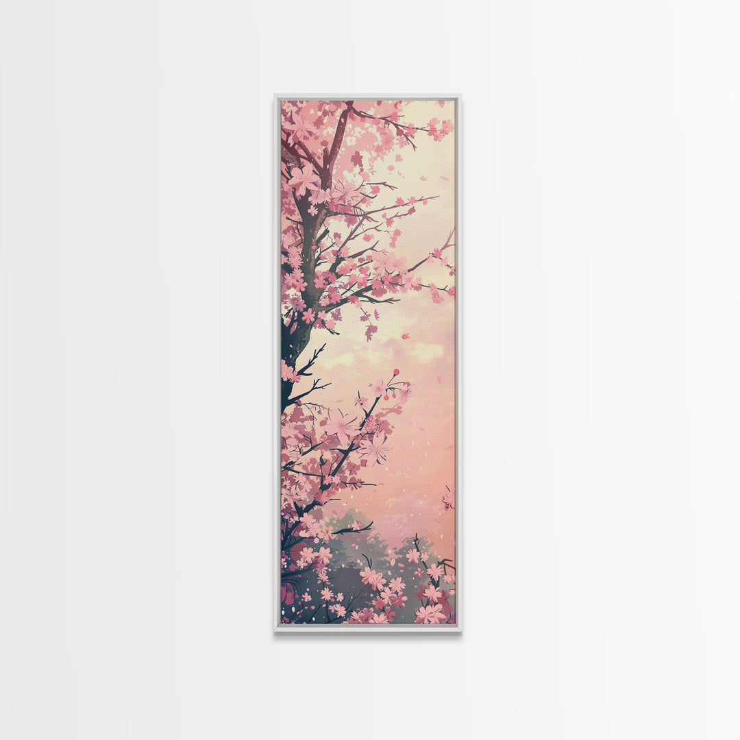 Beautiful Cherry Blossoms Blooming On Tree Branch Against Soft Pastel Background Captured Tall Framed Canvas Print Floral Home Decor