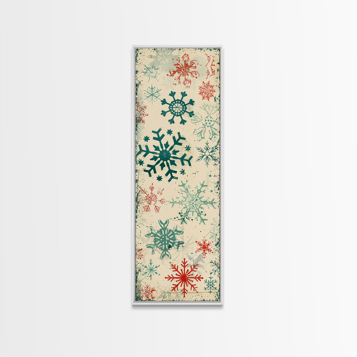 Snowflakes in Varied Sizes and Shapes Scattered on a Beige Canvas with a Distressed Texture Ukiyo-e Art Japanese Framed Canvas Print Skinny Tall Art