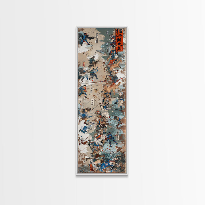 Battle Scene Featuring Warriors in Traditional Japanese Armor Ukiyo-e Art Framed Canvas Print Skinny Tall Art