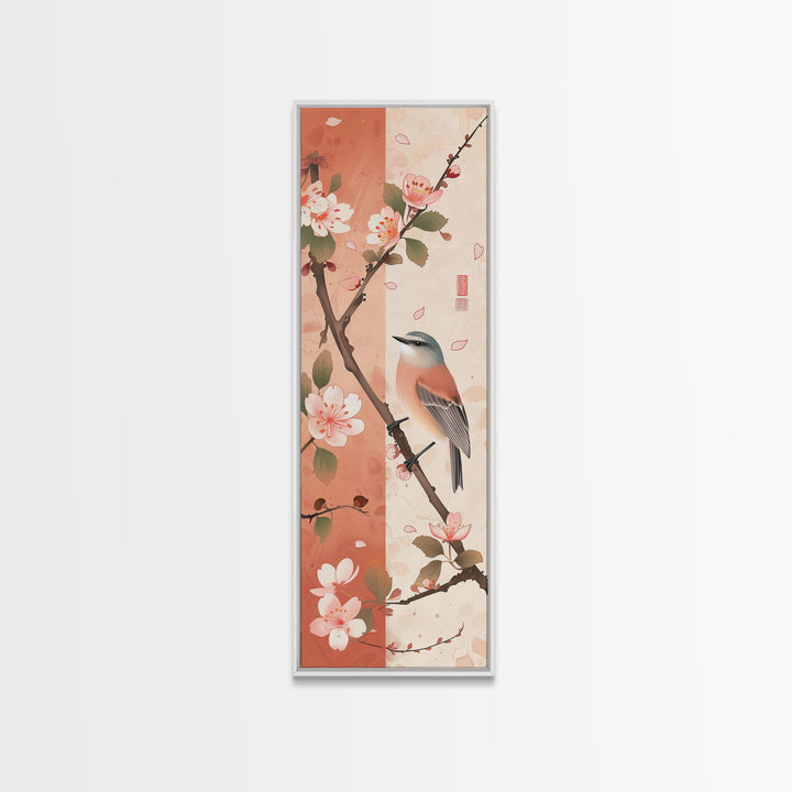 Japanese Bird Art Skinny Wall Art Framed Canvas Print Perched Bird on Branch with Cherry Blossoms and Petals in Soft Pastel Colors