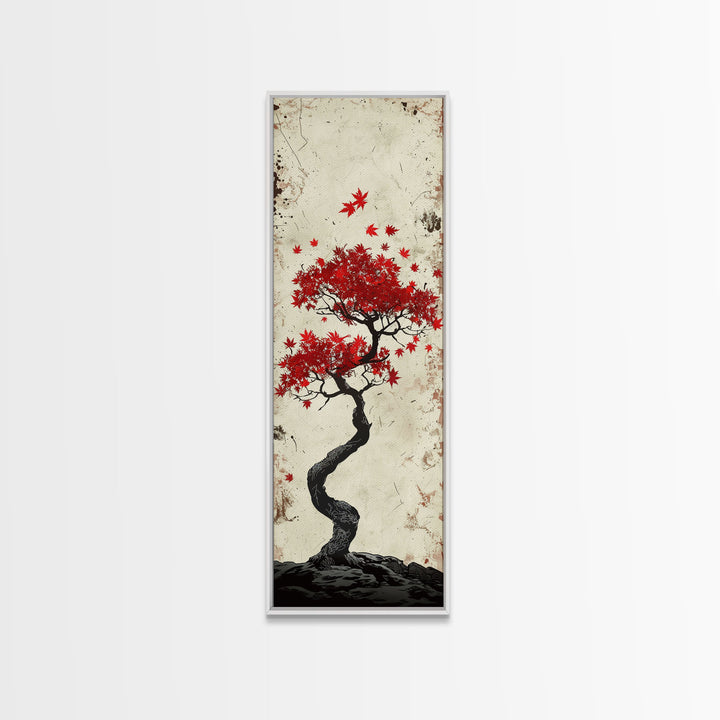 Red Maple Bonsai Tree Japanese Art Skinny Wall Art Framed Canvas Print with Windswept Branches and Red Leaves