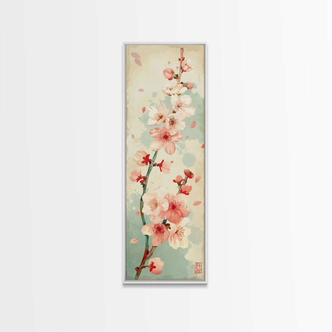 Cherry Blossom Japanese Art Skinny Wall Art Framed Canvas Print in Light Pastel Colors on Branch Against Subtle Green Background