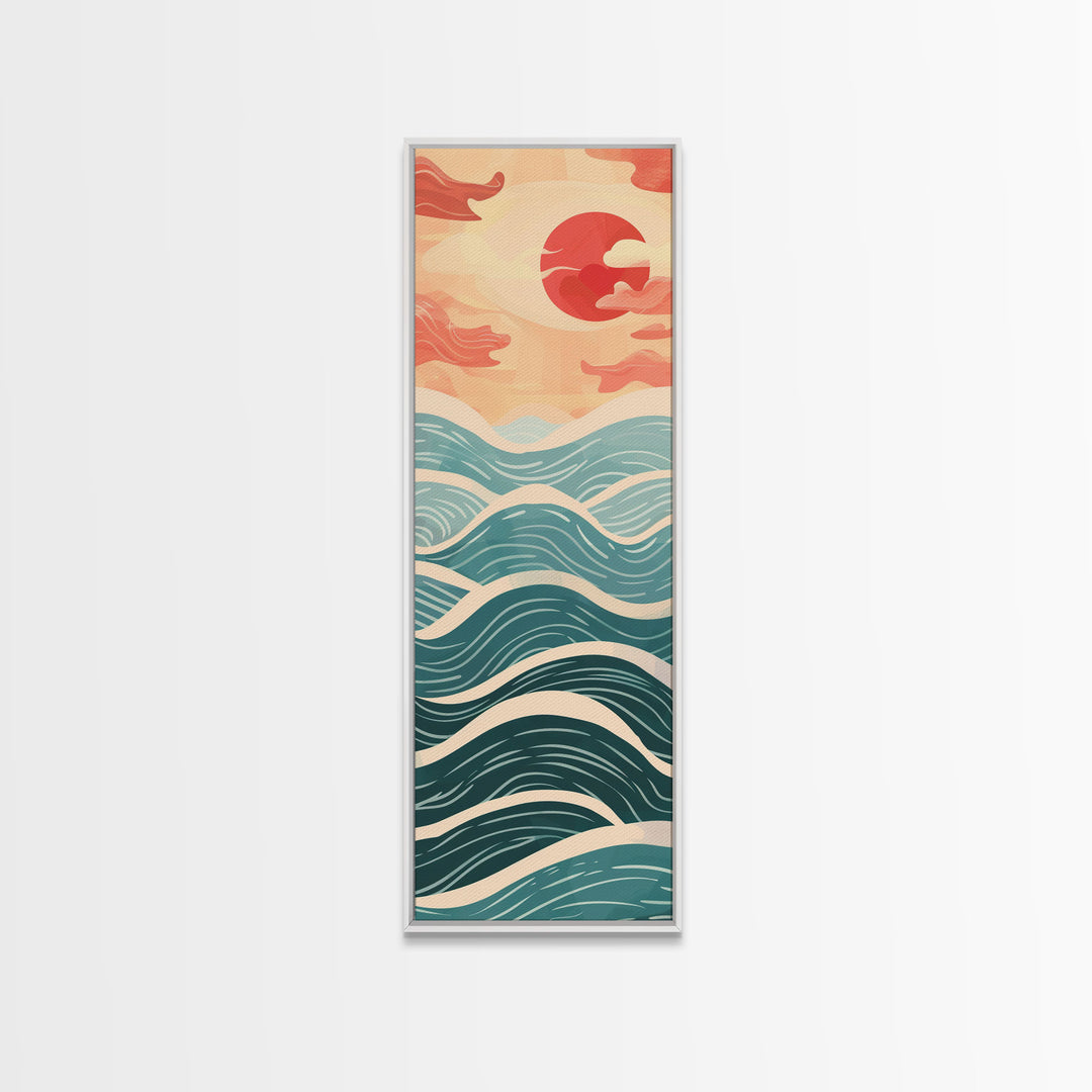 Ocean Waves and Red Sun Japanese Art Skinny Wall Art Framed Canvas Print in Minimalist Style with Dynamic Flowing Waves