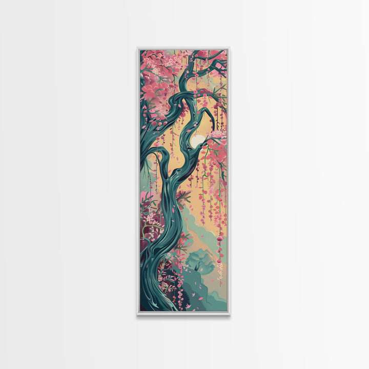 Japanese Garden Tree Skinny Wall Art Framed Canvas Print with Twisting Branches and Pink Blossoms in Warm Sunset Colors