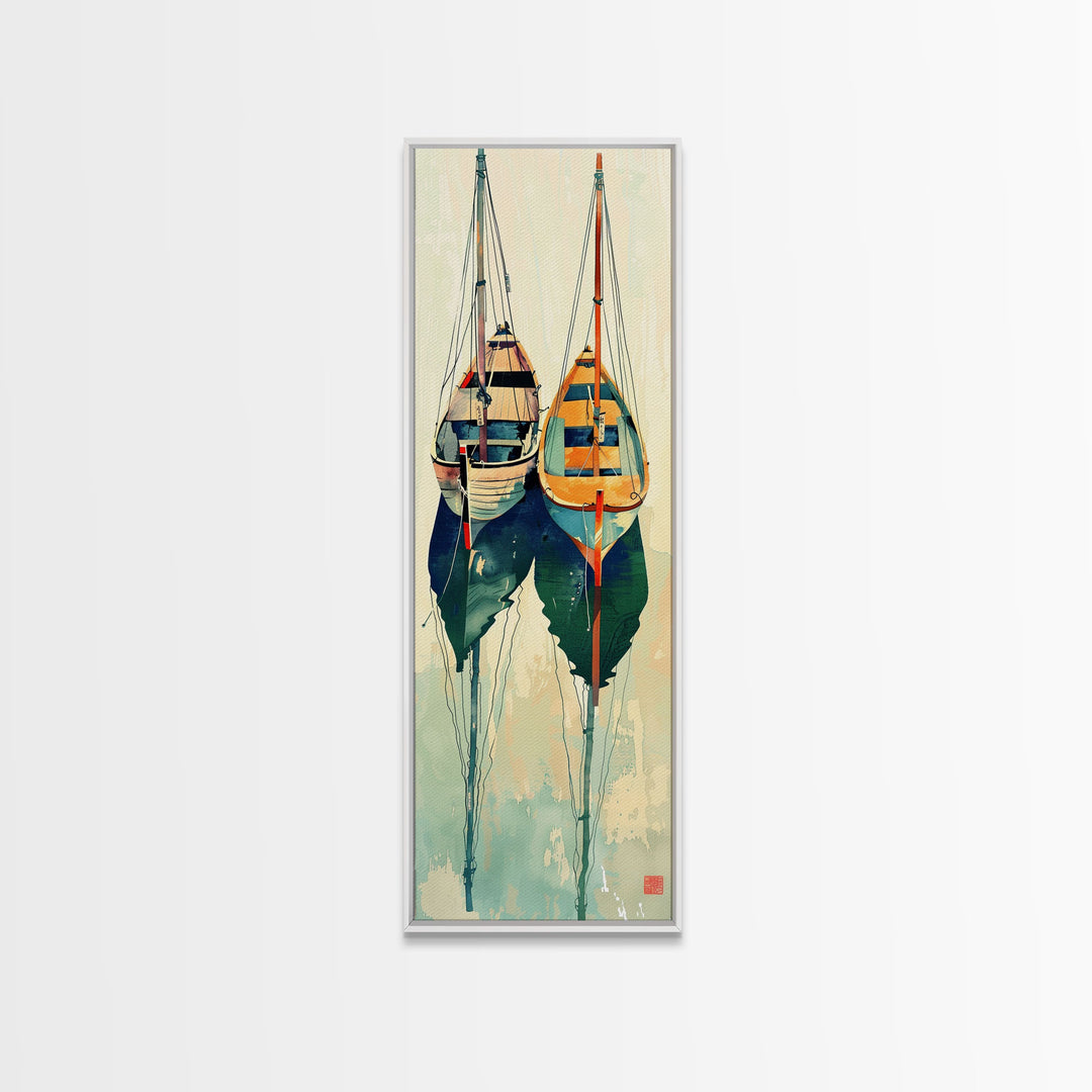 Reflective Calm Sailboats In The Harbor – Framed Canvas Print Featuring Skinny Art With Ukiyo-E Art And Japanese Style Art Tall Art Display