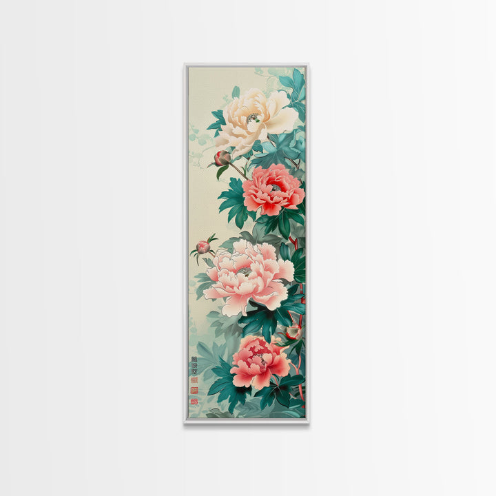 Japanese Style Art, Skinny Art, Tall Art, Peonies In Bloom Wood Block Print Framed Canvas Print Ukiyo-e Art