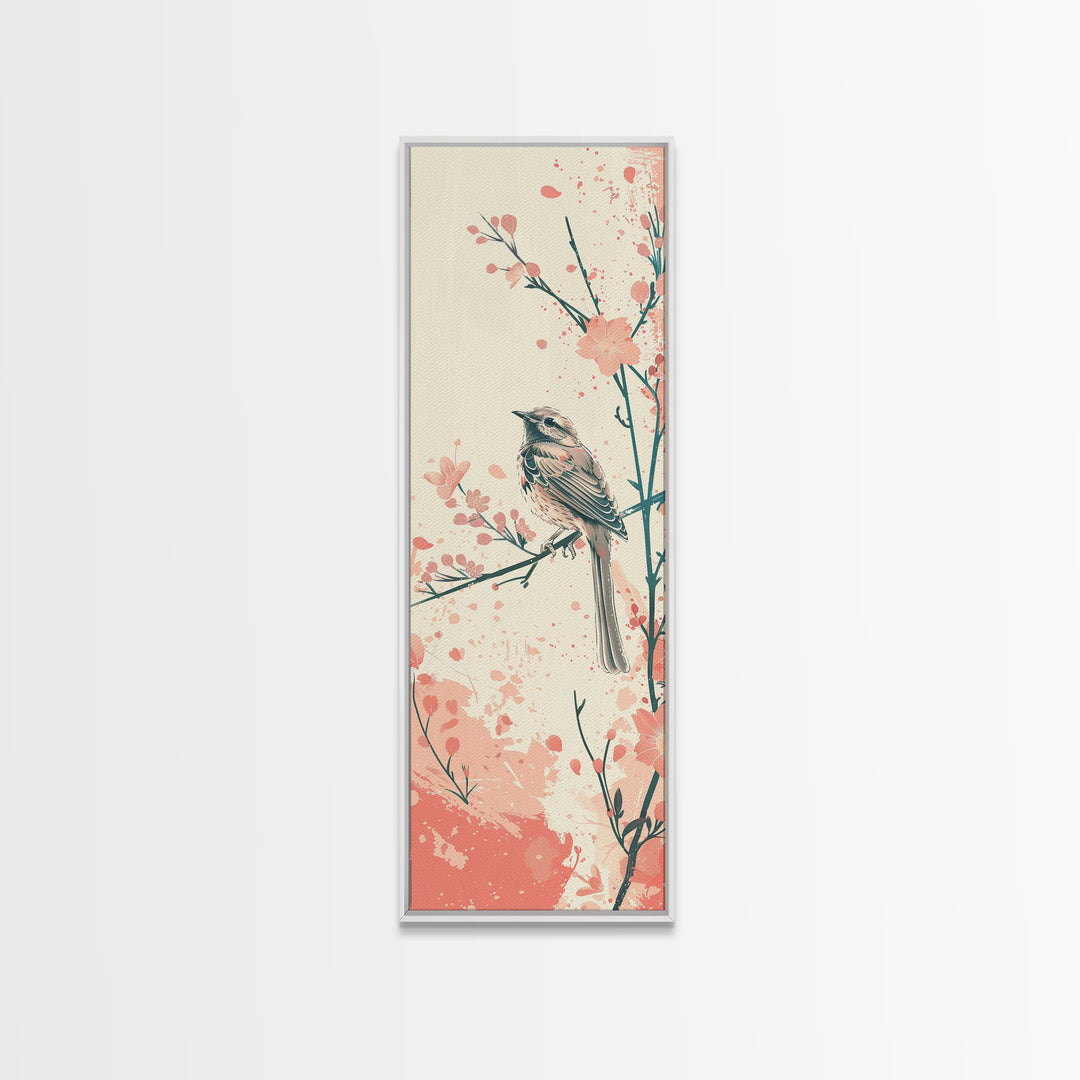 Perched Bird Among Blossoming Cherry Branches – Framed Canvas Print With Skinny Art And Tall Art Inspired By Ukiyo-E Art And Japanese Style Art