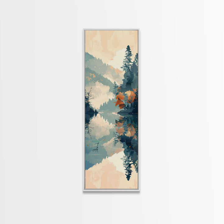 Ukiyo-e Art Depicting A Peaceful Lake Surrounded By Misty Mountains And Autumn Trees, Skinny Art, Tall Art, Framed Canvas Print, Japanese Style Art, Wood Block Print