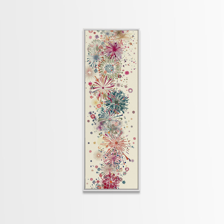 Skinny Art Tall Art Floral Burst Wood Block Print Japanese Style Art Vivid Explosions Of Colors Framed Canvas Print