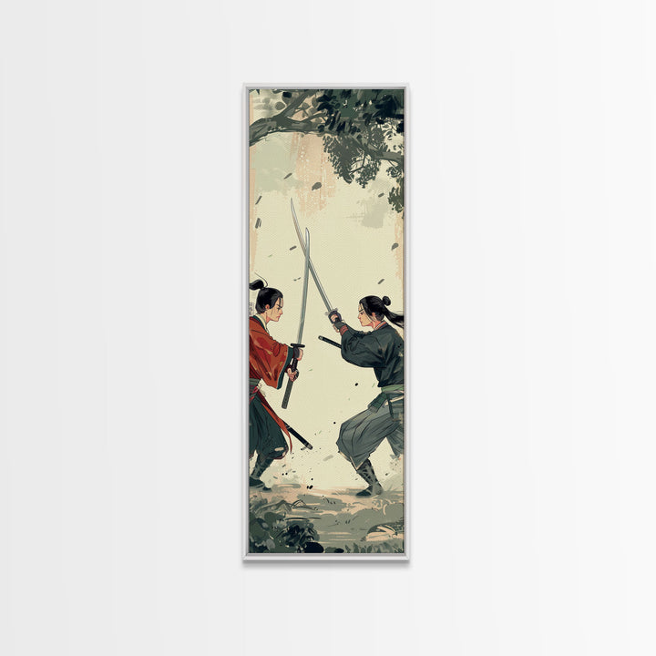 Skinny Art Tall Art Samurai Duel Wood Block Print Japanese Style Art Intense Battle Between Two Warriors Framed Canvas Print