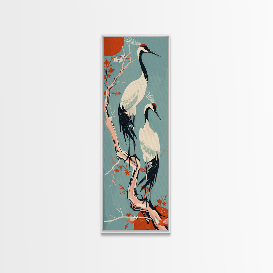 Pair Of Cranes Perched On Branch Against Orange Sun Background Skinny Art Wood Block Print Framed Canvas Print