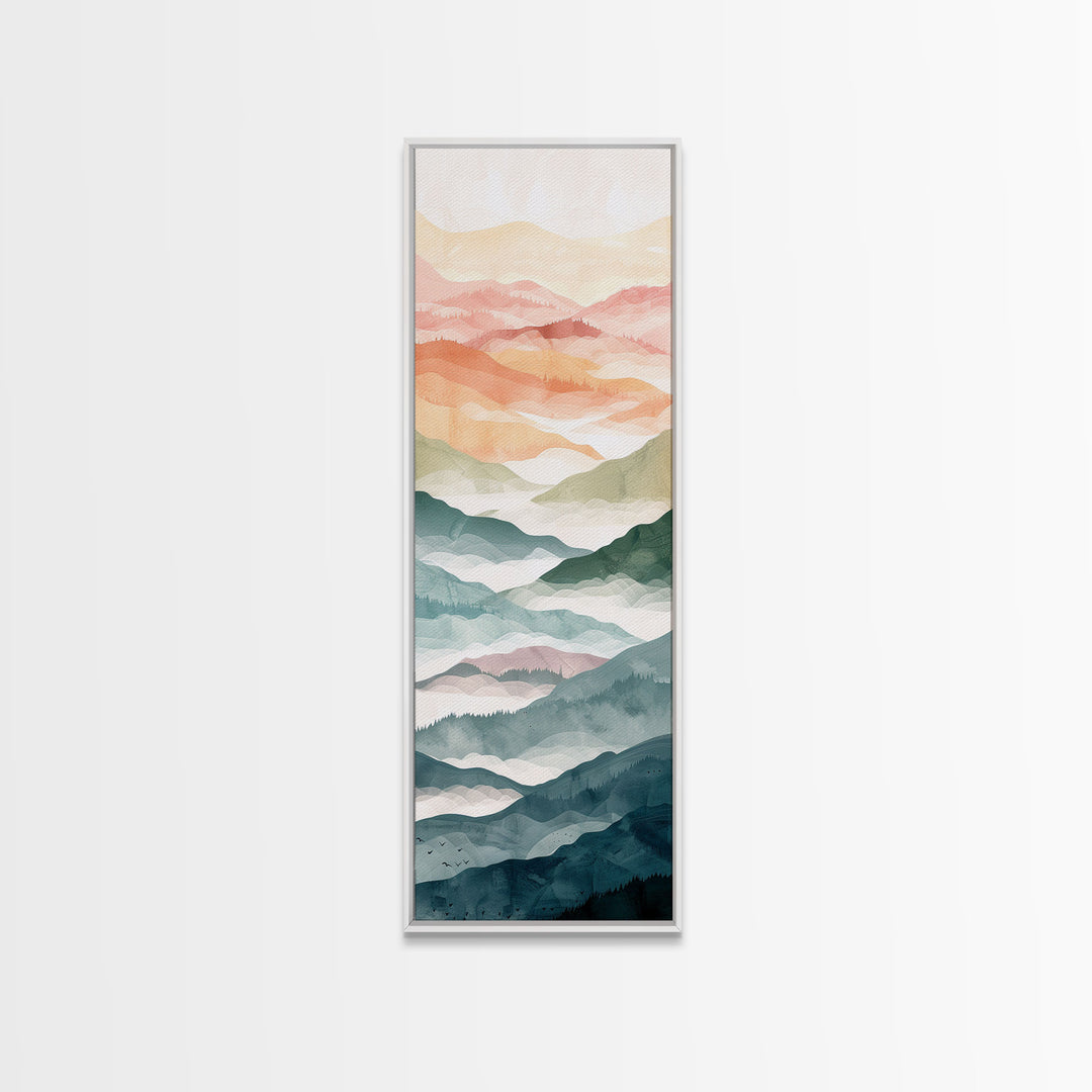 Rolling Hills And Layered Mountains In Soft Pastel Hues Ukiyo-e Wood Block Print Skinny Art Framed Canvas Print